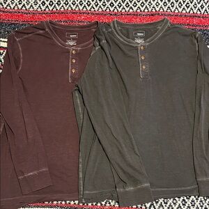 2 Men's Henley Long Sleeve Shirts- Burgundy and Gray